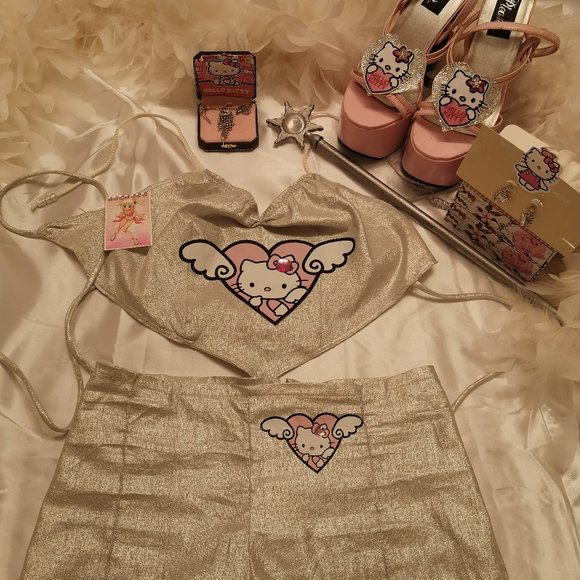 RARE ice sparkle y2k hello kitty shorts top and jewlery set! - Picture 1 of 13